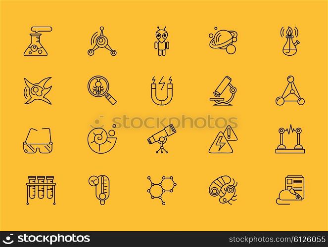 Set of science thin, lines, outline, strokes icons. Symbols of sciences tube, spiritlamp, bulb, magnet, microscope, telescope black on yellow background. For web and mobile applications