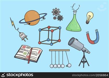 Set of scientific items isolated on blue background. Collection of chemical or physical equipment icons. Physics and chemistry lab research. Experiment and science. Vector illustration. . Set of scientific physics and chemistry icons