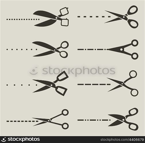 Set of scissors cutting a paper. A vector illustration