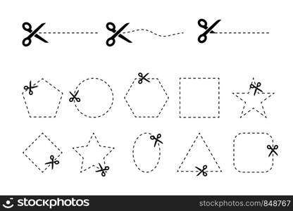 Set of scissors vectors with cut out coupons of different geometric shapes