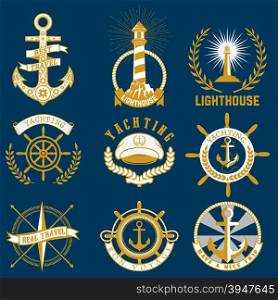 Set of sea and nautical decorations isolated on blue background. Collection of elements for company logos, business identity, print products, page and web decor or other design. Vector illustration.