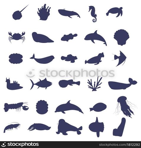Set of sea animal silhouette on white background. Collection of underwater life design element. Vector marine cartoon drawing. Part 1.. Set of sea animal silhouette on white background. Part 1.
