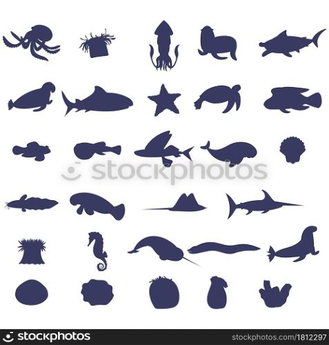 Set of sea animal silhouette on white background. Collection of underwater life design element. Vector marine cartoon drawing. Part 2. Set of sea animal silhouette on white background. Part 2