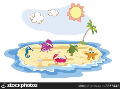 set of sea animal with beach background