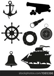 set of sea antique icons black silhouette vector illustration isolated on white background