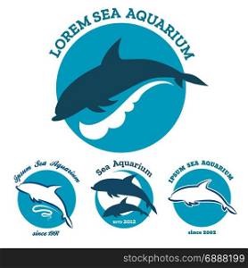 Set of sea aquarium logo sign isolated on white. Jumping dolphin emblems. Vector illustration.