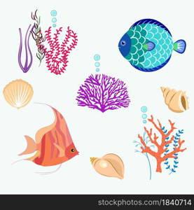 Set of sea inhabitants, fish, plants and animals, corals isolated on a white background, vector