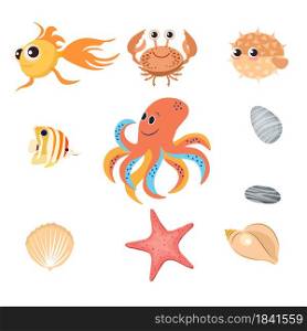 Set of sea inhabitants, fish, plants and animals, corals isolated on a white background, vector