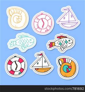 Set of sea stickers, pins, patches and handwritten collection in cartoon style. Funny greetings for clothes, card, badge, icon, postcard, banner, tag, stickers, print.