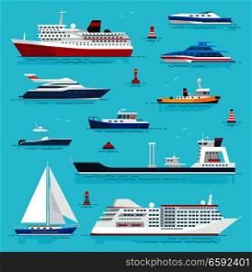 Set of sea transport flat style on blue water background. Vector illustration of cruise liner, passenger boat, powerful speedboats, boat with red life ring, yellow submarine, blue yacht and red buoys.. Set of Sea Transport on Blue Water Flat Design