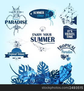 Set of sea tropical island beach travel vacation labels tags and decorative elements vector illustration