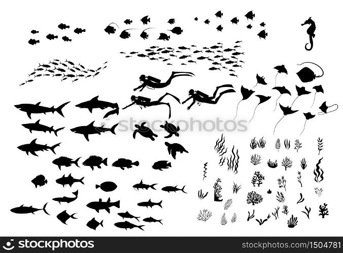 Set of sea wildlife silhouette hand drawn.