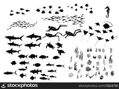 Set of sea wildlife silhouette hand drawn.