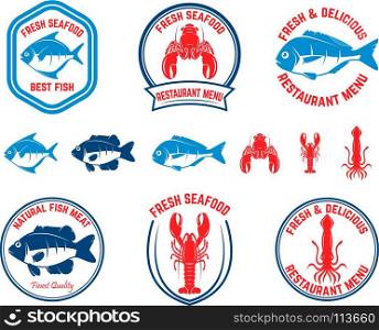 Set of seafood emblems. Fish, lobster, squid. Design elements for logo, label, emblem, sign, menu. Vector illustration