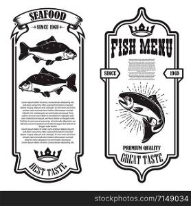 Set of seafood flyers fish illustrations. Design element for poster, banner, sign, emblem. Vector illustration
