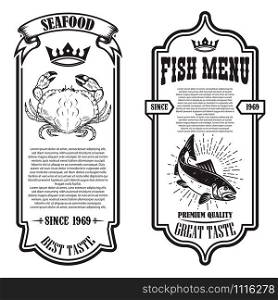 Set of seafood flyers with crab and fish illustrations. Design element for poster, banner, sign, emblem. Vector illustration