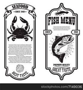 Set of seafood flyers with crab and fish illustrations. Design element for poster, banner, sign, emblem. Vector illustration