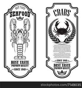 Set of seafood flyers with lobster and crab illustrations. Design element for poster, banner, sign, emblem. Vector illustration