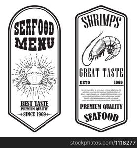 Set of seafood flyers with shrimp and crab illustrations. Design element for poster, banner, sign, emblem. Vector illustration