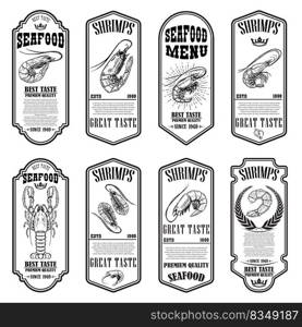 Set of seafood flyers with shrimps. Design element for poster, banner, card. Vector illustration