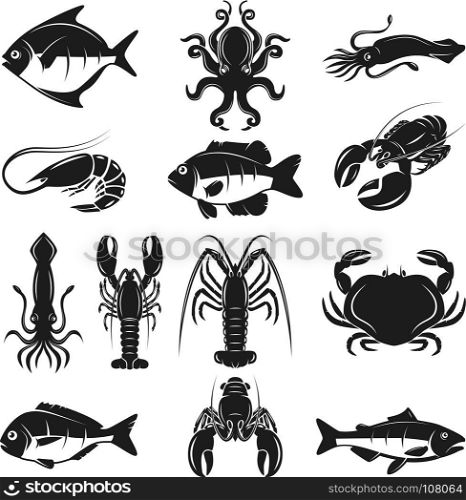 Set of seafood icons isolated on white background. Design element for logo, label, emblem, sign, banner, poster. Vector illustration