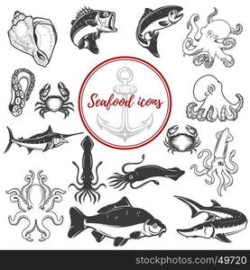 Set of seafood icons isolated on white background. Octopus, crabs,carp, trout. Design elements for logo, label, emblem, sign, brand mark. Vector illustration.