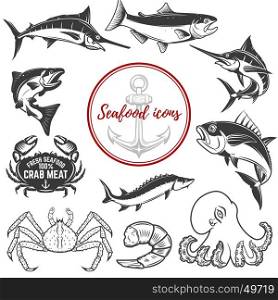 Set of seafood icons isolated on white background. Octopus, crabs, lobster, tuna. Design elements for logo, label, emblem, sign, brand mark. Vector illustration.