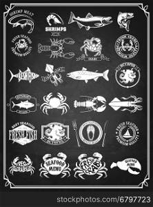 Set of seafood labels and badges. Design element for logo, label, emblem, sign. Vector illustration.