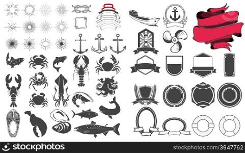 Set of seafood labels design templates and elements. Silhouettes of fish,crabs, omar&rsquo;s, lobsters and other.