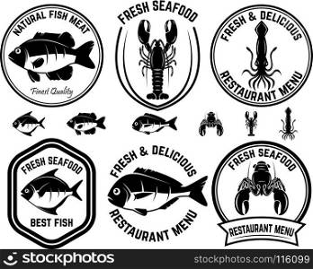 Set of seafood labels. Fish, squid, lobsters. Design elements for logo, label, emblem, sign. Vector illustration