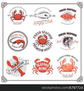 Set of seafood labels isolated on white background. Design element for logo, label, emblem, sign,menu, poster. Vector illustration.