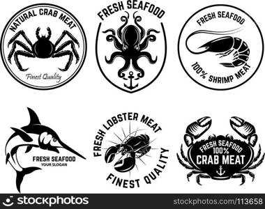 Set of seafood market emblems. Design element for logo, label, emblem, sign. Vector illustration