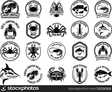 Set of seafood market emblems. Design element for logo, label, emblem, sign. Vector illustration