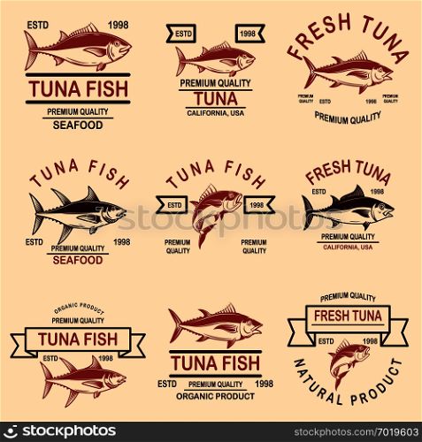 Set of seafood tuna labels. Design element for logo, emblem, sign, poster. Vector illustration