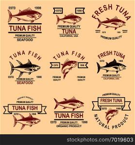 Set of seafood tuna labels. Design element for logo, emblem, sign, poster. Vector illustration