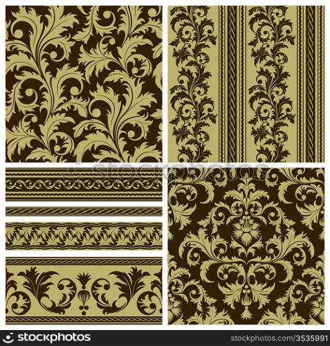 Set of seamless and borders from abstract brown plant(can be repeated and scaled in any size)