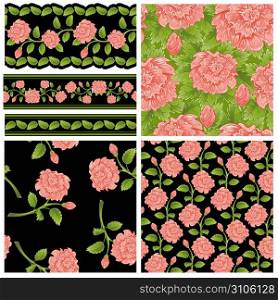 Set of seamless and borders from pink peony (can be repeated and scaled in any size)