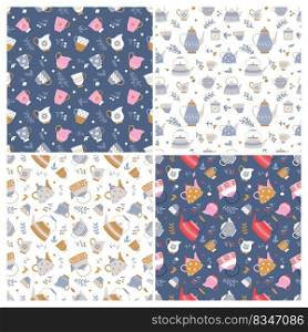 Set of seamless backgrounds with teapots and cups on a white and dark blue background. Simple cartoon style. Suitable for fabric, wallpaper, covers, etc. Vector illustration.. Set of seamless backgrounds with teapots and cups on a white and dark blue background. Simple cartoon style.