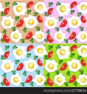 Set of seamless breakfast patterns with fried eggs and tomatoes