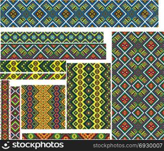 Set of seamless editable colorful geometric ethnic patterns for embroidery stitch.