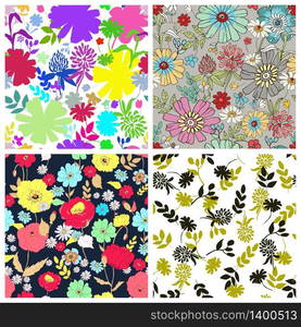 Set of seamless floral backgrounds. Seamless floral pattern with hand drawn flowers. Spring and summer flowers. Vector illustration.. Set of seamless floral backgrounds. Vector illustration.