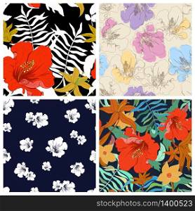 Set of seamless floral backgrounds. Seamless floral pattern with hand drawn flowers. Spring and summer flowers. Vector illustration.. Set of seamless floral backgrounds. Seamless floral pattern with