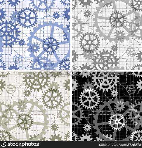 Set of seamless gear patterns drawn with use technical drawing style painted in four different color variations