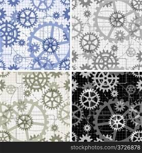 Set of seamless gear patterns drawn with use technical drawing style painted in four different color variations