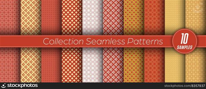 set of seamless gold and red ornaments. Golden pattern for backgrounds, banners, advertising and creative design. Flat style