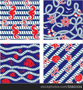 Set of Seamless nautical patterns on blue background with rope, sea horses, fishes, sea stars, anchors, wheels, shells
