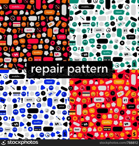 Set of seamless pattern from thematic icons of repair subjects. Concept background for the repair center service with text.