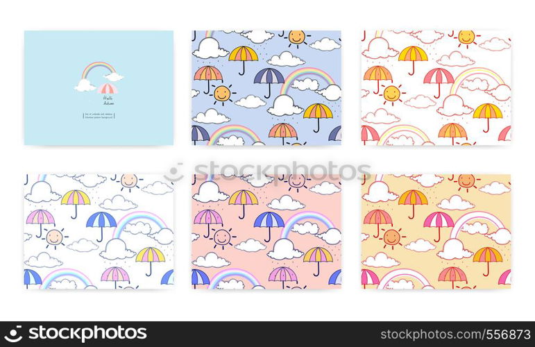 Set of seamless pattern with cute rainbow and umbrella. Vector illustration background.