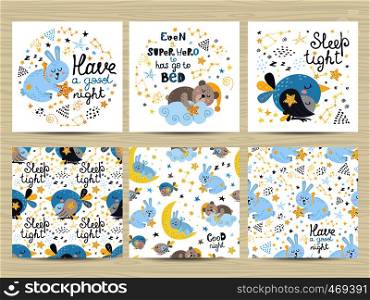 Set of seamless patterns and cards for small boys. Vector illustration for your design. Set of seamless patterns and cards for small boys