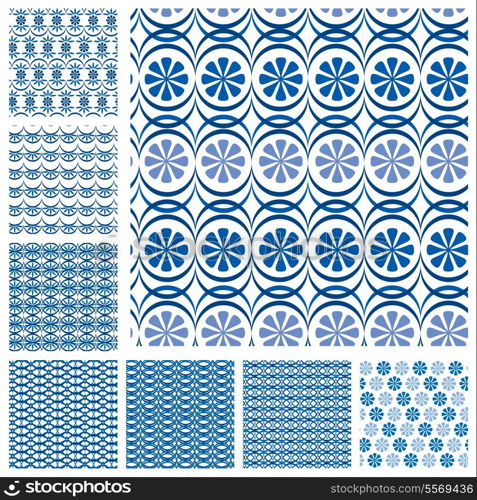 Set of seamless patterns - blue ceramic tiles with floral ornament - wall Vintage Background Collection. Ready to use as swatch